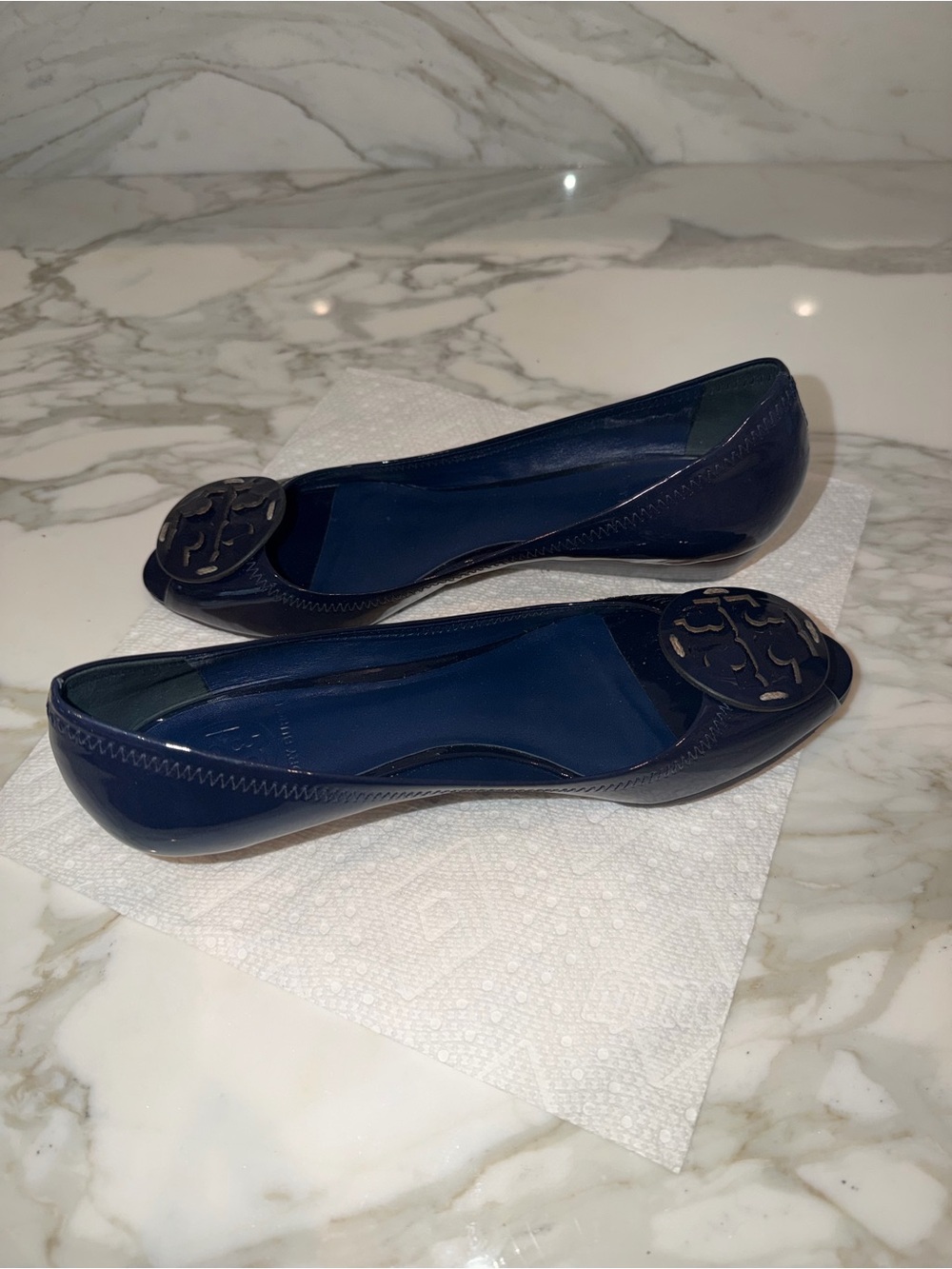 Tory Burch Navy Patent Logo wedge heel